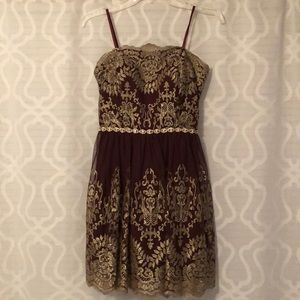 Windsor Maroon and gold detailing strapless dress